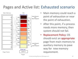 Pages and Active list: Exhausted scenario
• Main memory could reach a
point of exhaustion or near
the point of exhaustion.
• After this point, if a process
needs more memory, then
system should not fail.
• Replacement Policy: OS
should evict an appropriate
page from main memory to
auxiliary memory to pave
way for new memory
requirement.
Understanding Memory Management 32
 