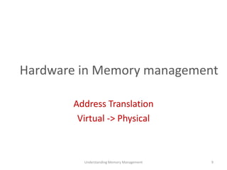 Hardware in Memory management
Address Translation
Virtual -> Physical
Understanding Memory Management 9
 