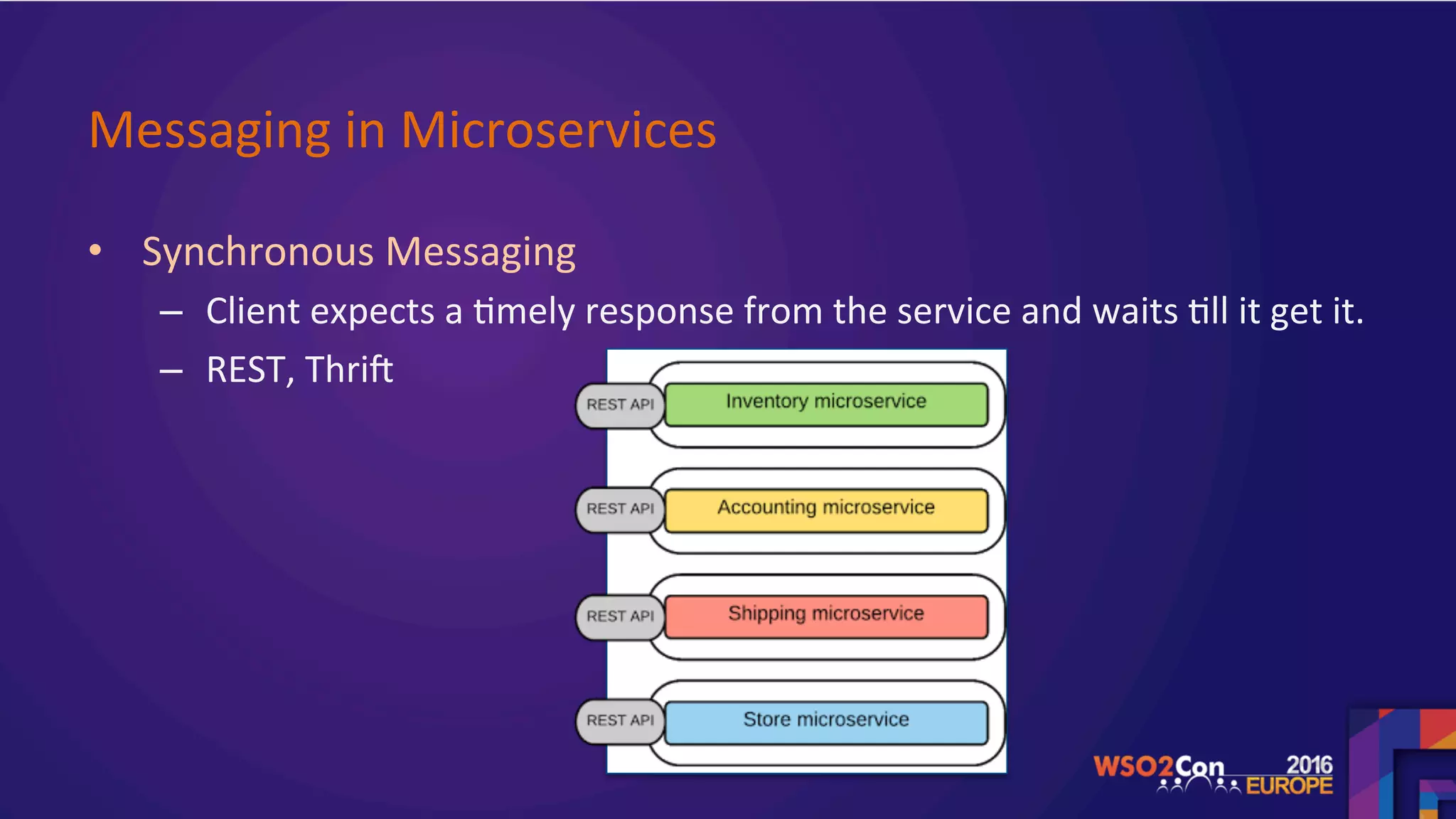 Messaging	in	Microservices		
•  Synchronous	Messaging	
–  Client	expects	a	.mely	response	from	the	service	and	waits	.ll	it	get	it.		
–  REST,	ThriB		
	
 
