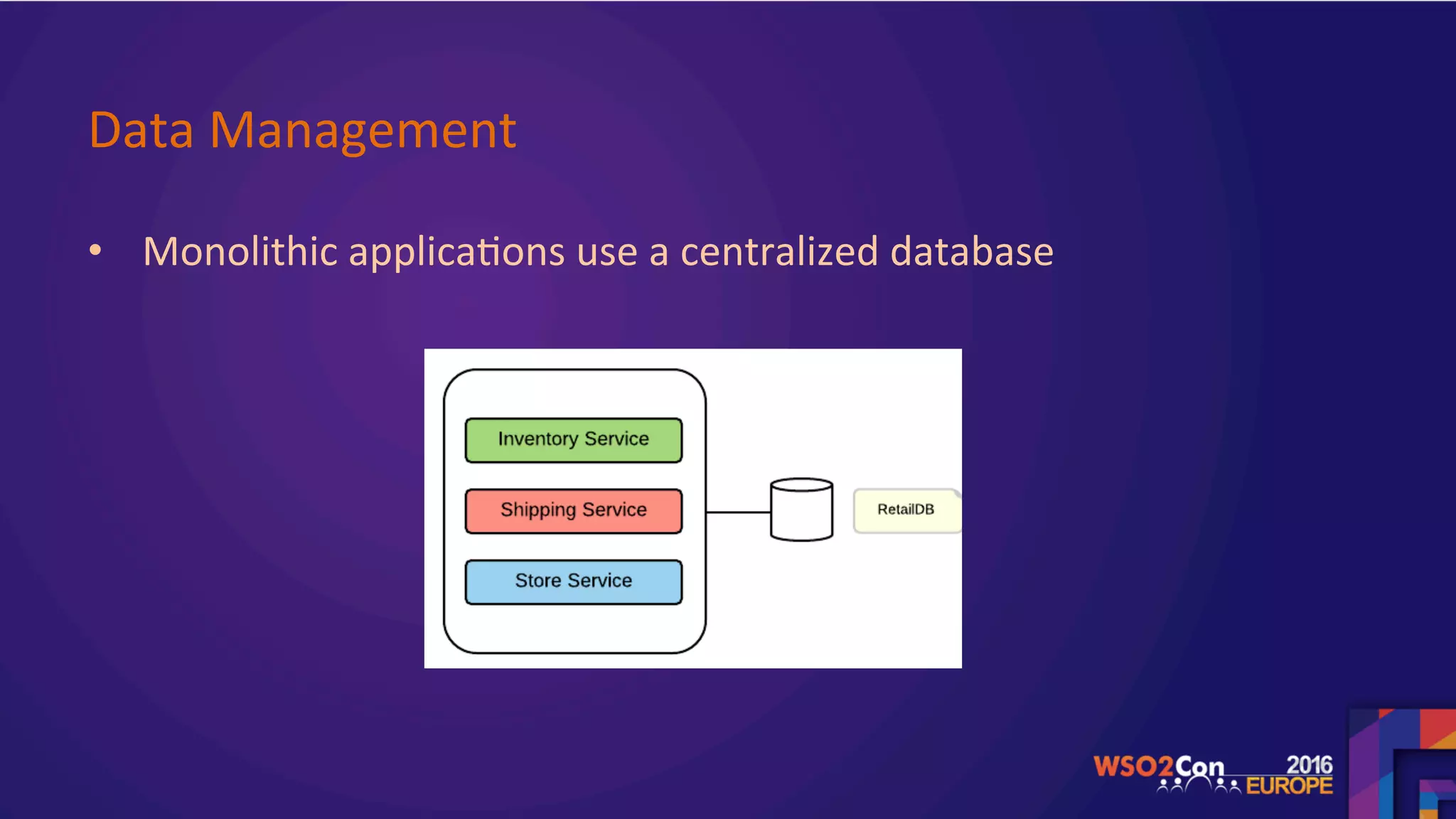 Data	Management		
•  Monolithic	applica.ons	use	a	centralized	database		
	
	
 