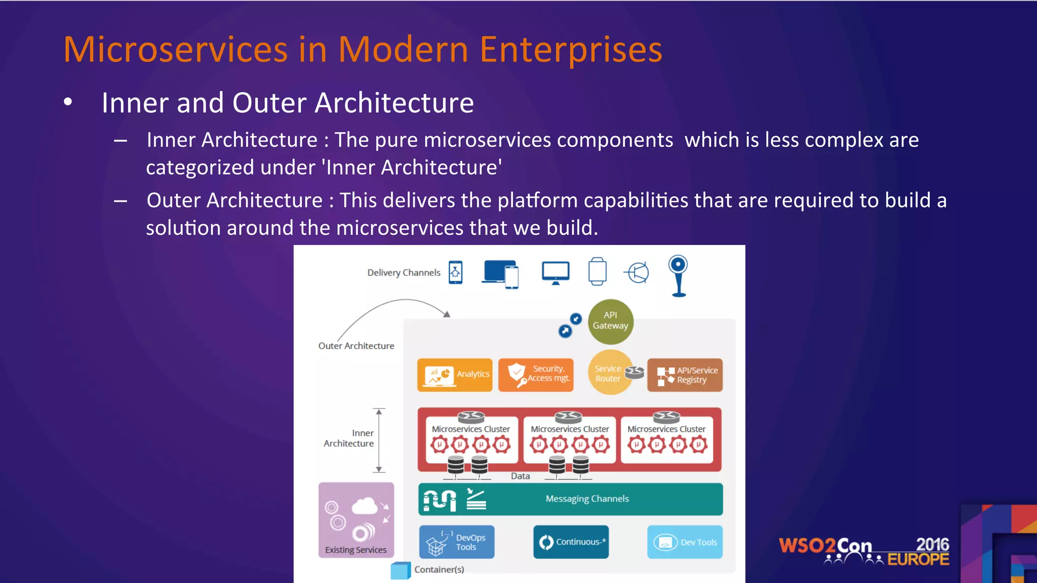 Microservices	in	Modern	Enterprises		
•  Inner	and	Outer	Architecture	
–  Inner	Architecture	:	The	pure	microservices	components		which	is	less	complex	are	
categorized	under	'Inner	Architecture'		
–  Outer	Architecture	:	This	delivers	the	plakorm	capabili.es	that	are	required	to	build	a	
solu.on	around	the	microservices	that	we	build.	
	
	
 