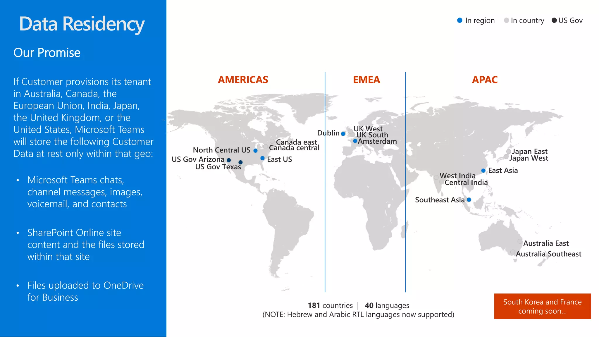 Data Residency
Our Promise
If Customer provisions its tenant
in Australia, Canada, the
European Union, India, Japan,
the United Kingdom, or the
United States, Microsoft Teams
will store the following Customer
Data at rest only within that geo:
• Microsoft Teams chats,
channel messages, images,
voicemail, and contacts
• SharePoint Online site
content and the files stored
within that site
• Files uploaded to OneDrive
for Business
Canada east
North Central US
Dublin
East Asia
Southeast Asia
Amsterdam
UK West
AMERICAS EMEA APAC
181 countries | 40 languages
(NOTE: Hebrew and Arabic RTL languages now supported)
East USUS Gov Arizona
US Gov Texas
Canada central
UK South
West India
Central India
Japan East
Japan West
Australia East
Australia Southeast
In region In country US Gov
 