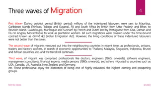 4/5/2022
RAVI RAJ KAMAL
4
First Wave- During colonial period (British period) millions of the indentured labourers were sent to Mauritius,
Caribbean islands (Trinidad, Tobago and Guyana), Fiji and South Africa by British from Uttar Pradesh and Bihar; to
Reunion Island, Guadeloupe, Martinique and Surinam by French and Dutch and by Portuguese from Goa, Daman and
Diu to Angola, Mozambique to work as plantation workers. All such migrations were covered under the time-bound
contract known as Girmit Act (Indian Emigration Act). However, the living conditions of these indentured labourers
were not better than the slaves.
The second wave of migrants ventured out into the neighbouring countries in recent times as professionals, artisans,
traders and factory workers, in search of economic opportunities to Thailand, Malaysia, Singapore, Indonesia, Brunei
and African countries, etc. and the trend still continues.
Third wave, of migrant was comprised professionals like doctors, engineers (1960s onwards), software engineers,
management consultants, financial experts, media persons (1980s onwards), and others migrated to countries such as
USA, Canada, UK, Australia, New Zealand and Germany,
etc. These professional enjoy the distinction of being one of highly educated, the highest earning and prospering
groups.
Three waves of Migration
 
