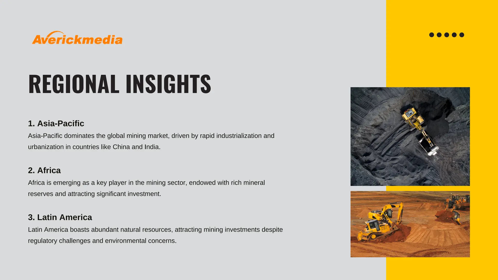 REGIONAL INSIGHTS
1. Asia-Pacific
Asia-Pacific dominates the global mining market, driven by rapid industrialization and
urbanization in countries like China and India.
2. Africa
Africa is emerging as a key player in the mining sector, endowed with rich mineral
reserves and attracting significant investment.
3. Latin America
Latin America boasts abundant natural resources, attracting mining investments despite
regulatory challenges and environmental concerns.
 