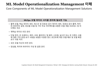 63
ML Model Operationalization Management 이해
Core Components of ML Model Operationalization Management Solutions
Cognilytica Research, ML Model Management & Operations (“MLOps”) 2020- Managing the Machine Learning Model Lifecycle, February 28, 2020
• 출력 모델, 학습 데이터 세트, 테스트 및 유효성 검사 데이터 세트, 유효성 검사 출력, 하이
퍼 파라미터 설정, 앙상블 모델 및 기타 주요 아티팩트를 포함한 모델 개발 프로세스 및 아
티팩트 처리
• 재학습 파이프 라인 관리
• 단일 장치, 온 프레미스, 에지, 서버, 클라우드 및 배치, 스트림, 실시간 또는 온 디맨드 사용
에 대한 기타 운영 요구 사항을 포함한 다양한 엔드 포인트에 대한 모델 배포 및 모델 확장
요구 사항 처리
• 모든 모델 자산의 버전 관리.
• 앙상블, 하이퍼 파라미터 구성 및 설정 관리
MLOps 모델 라이프 사이클 관리에 필요한 기능
 