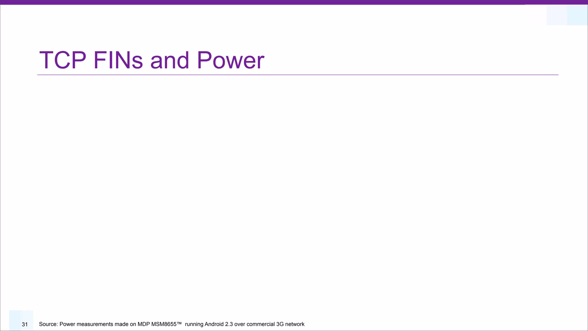 TCP FINs and Power




31   Source: Power measurements made on MDP MSM8655™ running Android 2.3 over commercial 3G network
 
