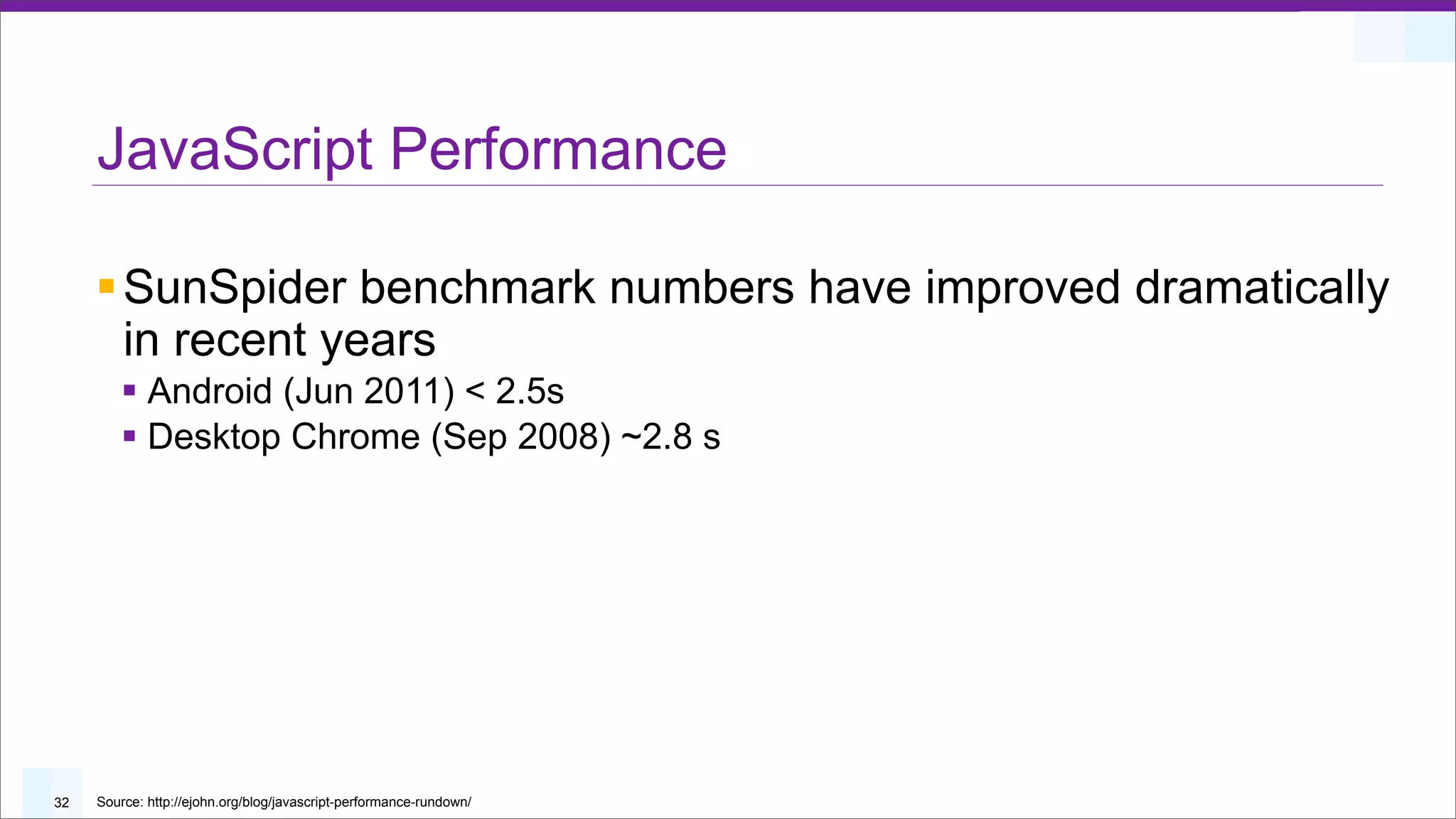 JavaScript Performance

     § SunSpider benchmark numbers have improved dramatically
        in recent years
        § Android (Jun 2011) < 2.5s
        § Desktop Chrome (Sep 2008) ~2.8 s




32   Source: http://ejohn.org/blog/javascript-performance-rundown/
 
