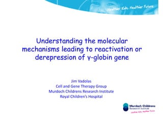 Understanding the molecular
   U d        di    h    l    l
mechanisms leading to reactivation or
   derepression of γ-globin gene


                    Jim Vadolas
           Cell and Gene Therapy Group
        Murdoch Childrens Research Institute
             Royal Children’s Hospital
 
