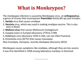 What is Monkeypox?
The monkeypox infection is caused by Monkeypox virus- an orthopoxvirus,
a genus of viruses that encompasses Poxviridae family (83 sp) and includes:
1. Variola virus that causes smallpox
2. Vaccinia virus, which was used in making smallpox vaccine. This is also
seen in Brazil.
3. Mollusci virus that causes Molluscum Contagiosum
4. Cowpox (seen in Europe) (discovery 1770 to 1790)
5. Rabbitpox virus (discovery 1933 in USA, can not infect humans).
6. Ectromelia virus (ECTV) that causes mousepox
Also Camelpox, Horsepox, recently Alaskapox (discovery 2015)
Monkeypox causes symptoms like smallpox, although they are less severe.
It was first identified in 1958 among laboratory monkeys in Denmark
Gilada/Unison/Mumbai
 