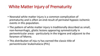 White Matter Injury of Prematurity
• Neonatal white matter injury is a common complication of
prematurity and is often an end-result of perinatal hypoxic-ischemic
events in this population.
• The pattern of white matter injury is traditionally described as small,
non-hemorrhagic, gliotic lesions appearing symmetrically in
periventricular areas - particularly in the trigone and adjacent to the
foramen of Monro.
• This distribution of inju ry has earned the classic title of
periventricular leukomalacia (PVL)
 