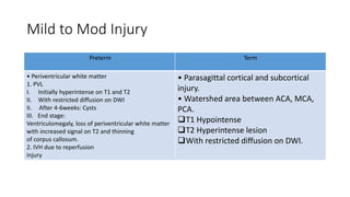Mild to Mod Injury
Preterm Term
• Periventricular white matter
1. PVL
I. Initially hyperintense on T1 and T2
II. With restricted diffusion on DWI
II. After 4-6weeks: Cysts
III. End stage:
Ventriculomegaly, loss of periventricular white matter
with increased signal on T2 and thinning
of corpus callosum.
2. IVH due to reperfusion
injury
• Parasagittal cortical and subcortical
injury.
• Watershed area between ACA, MCA,
PCA.
T1 Hypointense
T2 Hyperintense lesion
With restricted diffusion on DWI.
 
