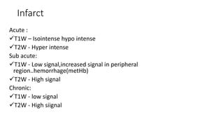 Infarct
Acute :
T1W – Isointense hypo intense
T2W - Hyper intense
Sub acute:
T1W - Low signal,increased signal in peripheral
region..hemorrhage(metHb)
T2W - High signal
Chronic:
T1W - low signal
T2W - High siignal
 