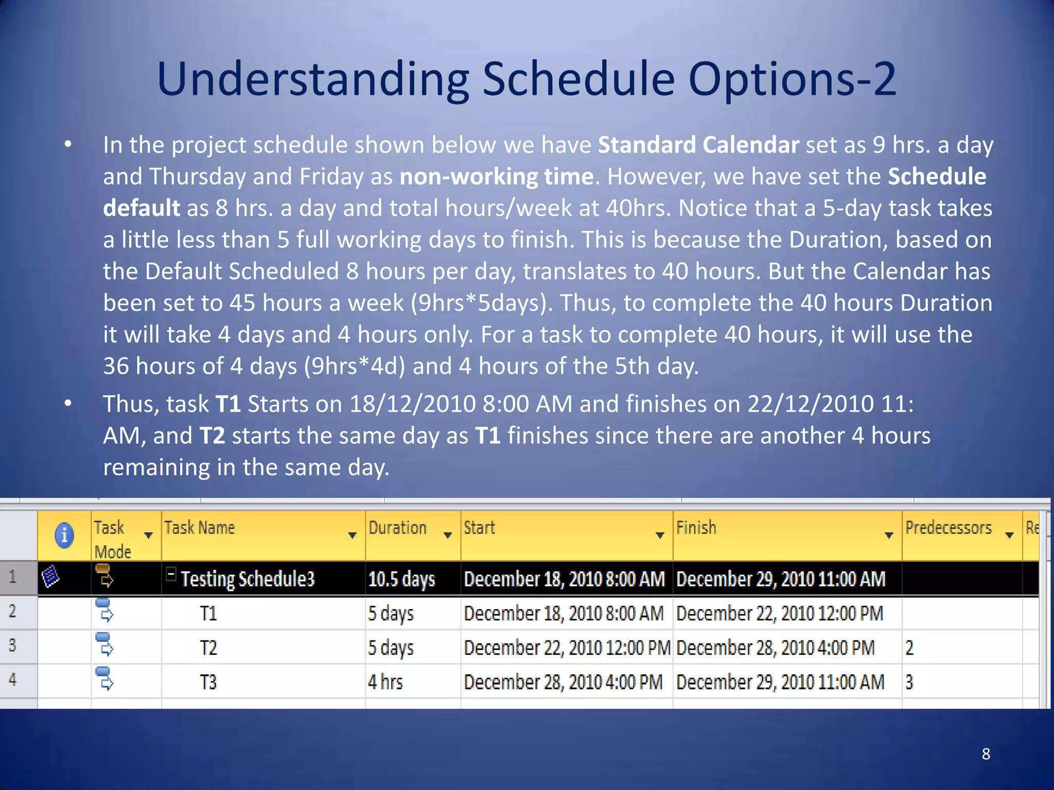 Understanding Schedule Options-2
•

•

In the project schedule shown below we have Standard Calendar set as 9 hrs. a day
and Thursday and Friday as non-working time. However, we have set the Schedule
default as 8 hrs. a day and total hours/week at 40hrs. Notice that a 5-day task takes
a little less than 5 full working days to finish. This is because the Duration, based on
the Default Scheduled 8 hours per day, translates to 40 hours. But the Calendar has
been set to 45 hours a week (9hrs*5days). Thus, to complete the 40 hours Duration
it will take 4 days and 4 hours only. For a task to complete 40 hours, it will use the
36 hours of 4 days (9hrs*4d) and 4 hours of the 5th day.
Thus, task T1 Starts on 18/12/2010 8:00 AM and finishes on 22/12/2010 11:
AM, and T2 starts the same day as T1 finishes since there are another 4 hours
remaining in the same day.

8

 