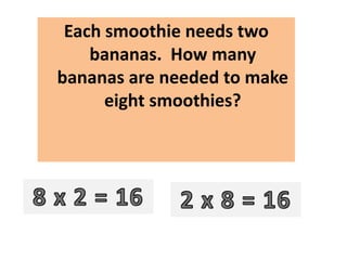 Each smoothie needs two
    bananas. How many
bananas are needed to make
      eight smoothies?
 