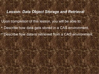 Lesson: Data Object Storage and Retrieval
Upon completion of this lesson, you will be able to:
 Describe how data gets stored in a CAS environment.
 Describe how data is retrieved from a CAS environment.
 