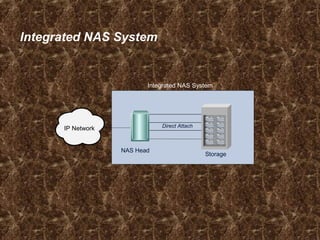 Integrated NAS System
Integrated NAS System
NAS Head
Storage
Direct Attach
IP Network
 