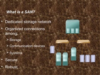 What is a SAN?
 Dedicated storage network
 Organized connections
among:
 Storage
 Communication devices
 Systems
 Secure
 Robust.
 