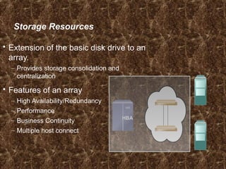 Storage Resources
 Extension of the basic disk drive to an
array.
– Provides storage consolidation and
centralization
 Features of an array
– High Availability/Redundancy
– Performance
– Business Continuity
– Multiple host connect
HBA
 
