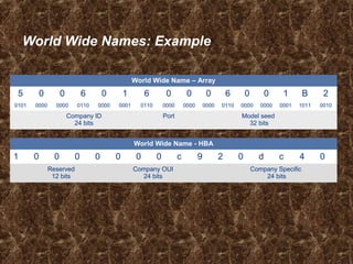 World Wide Names: Example
World Wide Name - HBA
1 0 0 0 0 0 0 0 c 9 2 0 d c 4 0
Reserved
12 bits
Company OUI
24 bits
Company Specific
24 bits
World Wide Name – Array
5 0 0 6 0 1 6 0 0 0 6 0 0 1 B 2
0101 0000 0000 0110 0000 0001 0110 0000 0000 0000 0110 0000 0000 0001 1011 0010
Company ID
24 bits
Port Model seed
32 bits
 