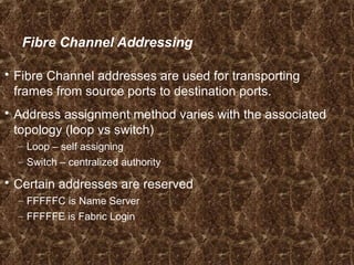 Fibre Channel Addressing
 Fibre Channel addresses are used for transporting
frames from source ports to destination ports.
 Address assignment method varies with the associated
topology (loop vs switch)
– Loop – self assigning
– Switch – centralized authority
 Certain addresses are reserved
– FFFFFC is Name Server
– FFFFFE is Fabric Login
 