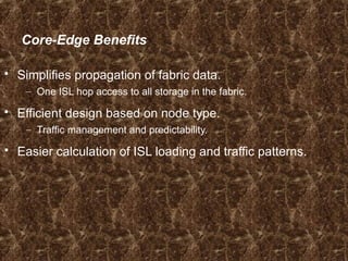 Core-Edge Benefits
 Simplifies propagation of fabric data.
– One ISL hop access to all storage in the fabric.
 Efficient design based on node type.
– Traffic management and predictability.
 Easier calculation of ISL loading and traffic patterns.
 