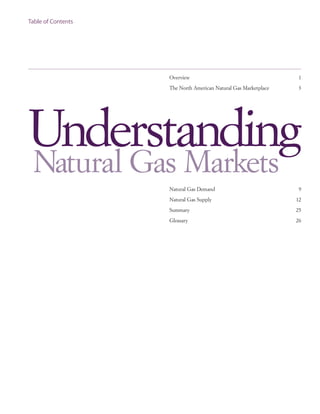 Overview 1
The North American Natural Gas Marketplace 3
Table of Contents
Natural Gas Demand 9
Natural Gas Supply 12
Summary 25
Glossary 26
Understanding
Natural Gas Markets
 