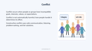 Conflict
Conflict occurs when people or groups have incompatible
goals, interests, values, or expectations.
Conflict is not automatically harmful; how people handle it
determines its effect.
Constructive conflict uses calm communication, listening,
problem-solving, and fair solutions.
Social Relationships • 14
 