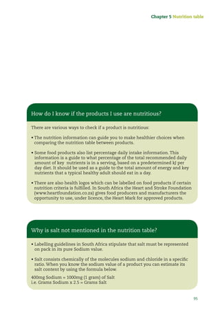 95
How do I know if the products I use are nutritious?
There are various ways to check if a product is nutritious:
• The nutrition information can guide you to make healthier choices when
comparing the nutrition table between products.
• Some food products also list percentage daily intake information. This
information is a guide to what percentage of the total recommended daily
amount of key nutrients is in a serving, based on a predetermined kJ per
day diet. It should be used as a guide to the total amount of energy and key
nutrients that a typical healthy adult should eat in a day.
• There are also health logos which can be labelled on food products if certain
nutrition criteria is fulﬁlled. In South Africa the Heart and Stroke Foundation
(www.heartfoundation.co.za) gives food producers and manufacturers the
opportunity to use, under licence, the Heart Mark for approved products.
Why is salt not mentioned in the nutrition table?
• Labelling guidelines in South Africa stipulate that salt must be represented
on pack in its pure Sodium value.
• Salt consists chemically of the molecules sodium and chloride in a speciﬁc
ratio. When you know the sodium value of a product you can estimate its
salt content by using the formula below.
400mg Sodium = 1000mg (1 gram) of Salt
i.e. Grams Sodium x 2.5 = Grams Salt
Chapter 5 Nutrition table
 