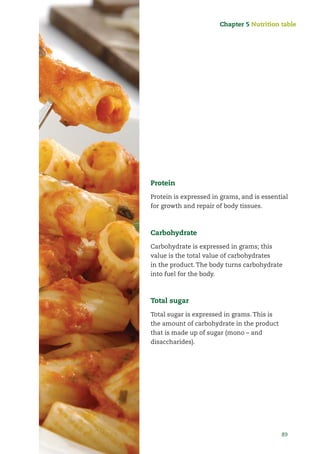 89
Protein
Protein is expressed in grams, and is essential
for growth and repair of body tissues.
Carbohydrate
Carbohydrate is expressed in grams; this
value is the total value of carbohydrates
in the product. The body turns carbohydrate
into fuel for the body.
Total sugar
Total sugar is expressed in grams. This is
the amount of carbohydrate in the product
that is made up of sugar (mono – and
disaccharides).
Chapter 5 Nutrition table
 