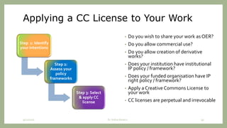 Applying a CC License to Your Work
Step 1: Identify
your intentions
Step 2:
Assess your
policy
frameworks
Step 3: Select
& apply CC
license
• Do you wish to share your work as OER?
• Do you allow commercial use?
• Do you allow creation of derivative
works?
• Does your institution have institutional
IP policy / framework?
• Does your funded organisation have IP
right policy / framework?
• Apply a Creative Commons License to
your work
• CC licenses are perpetual and irrevocable
9/12/2020 Dr. Indira Koneru 39
 
