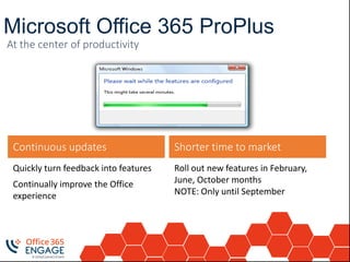 Microsoft Office 365 ProPlus
Roll out new features in February,
June, October months
NOTE: Only until September
Shorter time to market
Quickly turn feedback into features
Continually improve the Office
experience
Continuous updates
At the center of productivity
 