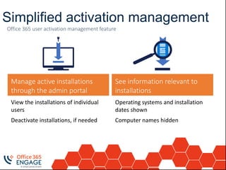 Simplified activation management
Office 365 user activation management feature
Operating systems and installation
dates shown
Computer names hidden
View the installations of individual
users
Deactivate installations, if needed
See information relevant to
installations
Manage active installations
through the admin portal
 