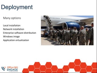 Deploy the
product
Many options
Local installation
Network installation
Enterprise software distribution
Windows image
Application virtualization
Deployment
 