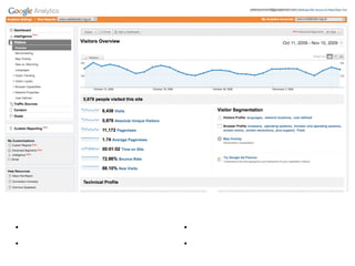 Visitors section
• Visits equate to sessions on site       • Non-human traffic is exluded
• Unique visitors are individual people   • You can segment the visitors by type
 