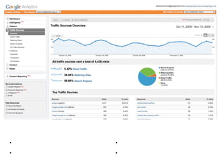 Traffic Sources
• 3 types - direct, search engine and link   • Referrers are sites that link to you
• Can tell you a lot about audiences         • Approx 50% search is common
 