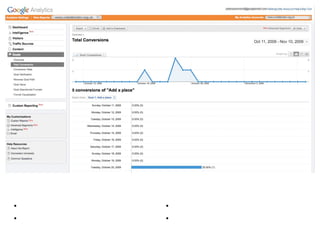 Goals section
• Typically used to track sales          • eg: track sign ups to newsletter
• But can be used for non-profit goals   • or user contributions to site
 