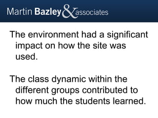 The environment had a significant
 impact on how the site was
 used.

The class dynamic within the
 different groups contributed to
 how much the students learned.
 