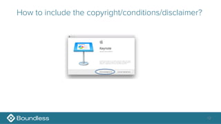 12
How to include the copyright/conditions/disclaimer?
 