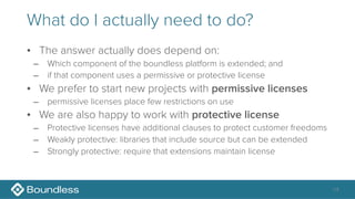 What do I actually need to do?
• The answer actually does depend on:
– Which component of the boundless platform is extended; and
– if that component uses a permissive or protective license
• We prefer to start new projects with permissive licenses
– permissive licenses place few restrictions on use
• We are also happy to work with protective license
– Protective licenses have additional clauses to protect customer freedoms
– Weakly protective: libraries that include source but can be extended
– Strongly protective: require that extensions maintain license
14
 