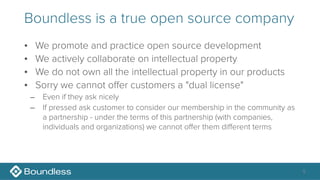 Boundless is a true open source company
• We promote and practice open source development
• We actively collaborate on intellectual property
• We do not own all the intellectual property in our products
• Sorry we cannot offer customers a "dual license"
– Even if they ask nicely
– If pressed ask customer to consider our membership in the community as
a partnership - under the terms of this partnership (with companies,
individuals and organizations) we cannot offer them different terms
5
 