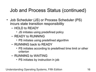 Job and Process Status (continued) Job Scheduler (JS) or Process Scheduler (PS) incurs state transition responsibility HOLD to READY J S initiates  using predefined policy READY to RUNNING PS initiates  using predefined   algorithm RUNNING back to READY PS initiates  according to predefined time limit or other criterion RUNNING to WAITING PS  initiates by instruction in job Understanding Operating Systems, Fifth Edition 
