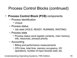 Process Control Blocks  (continued) Process Control Block (PCB)  components Process identification Unique  Process status Job state (HOLD, READY, RUNNING,   WAITING) Process state Process status word register contents,   main memory info, resources, process priority Accounting Billing and performance measurements CPU time, total time,  memory occupancy,  I/O   operations, number  of  input records read, etc. Understanding Operating Systems, Fifth Edition 