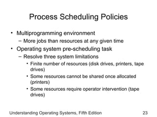 Process Scheduling Policies Multiprogramming environment More jobs than resources at any given time Operating system pre-scheduling task Resolve three  system  limitations Finite number of resources (disk drives, printers,   tape drives) Some resources cannot be shared once allocated   (printers) Some resources require operator intervention (tape drives) Understanding Operating Systems, Fifth Edition 