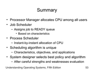 Summary Processor Manager allocates CPU among all users Job Scheduler  Assigns job to READY queue Based on characteristics Process Scheduler  Instant-by-instant allocation of CPU Scheduling algorithm is unique Characteristics, objectives, and applications System designer selects best policy and algorithm After careful strengths and weaknesses evaluation Understanding Operating Systems, Fifth Edition 