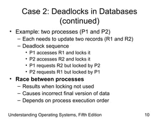 Case 2: Deadlocks in Databases  (continued) Example: two processes (P1 and P2) Each needs to update two records (R1 and R2) Deadlock sequence P1 accesses R1 and locks it P2 accesses R2 and locks it P1 requests R2 but locked by P2 P2 requests R1 but locked by P1 Race between processes Results when locking not used  Causes incorrect final version of data Depends on process execution order Understanding Operating Systems, Fifth Edition 
