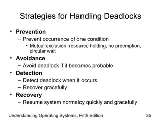 Strategies for Handling Deadlocks Prevention Prevent occurrence of one condition Mutual exclusion, resource holding, no preemption, circular wait Avoidance Avoid deadlock if it becomes probable Detection Detect deadlock when it occurs Recover gracefully Recovery Resume system normalcy quickly and gracefully Understanding Operating Systems, Fifth Edition 