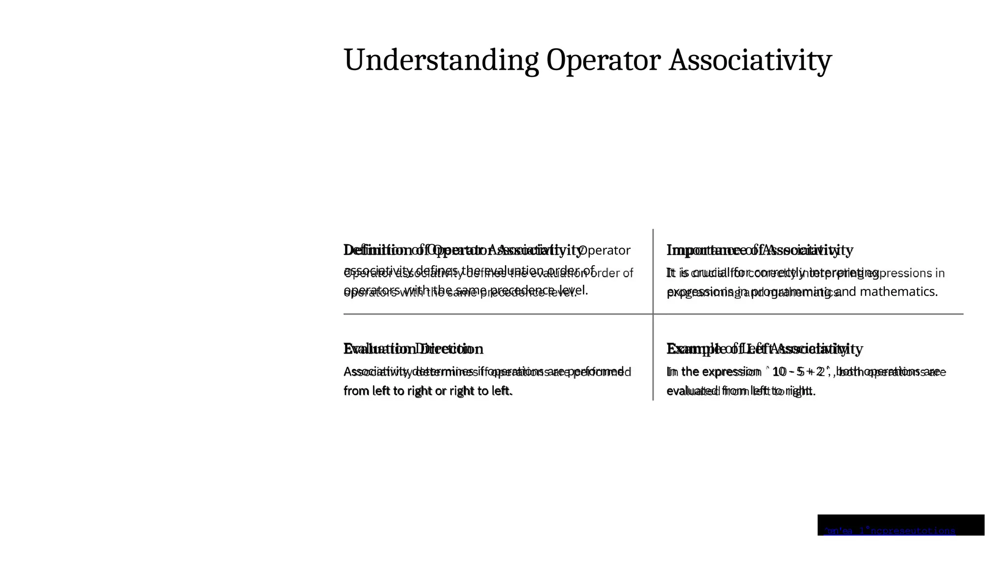 ^œn'ea 1°nçpreseutotions
Understanding Operator Associativity
Definition of Operator Associativity Operator
associativity defines the evaluation order of
operators with the same precedence level.
Importance of Associativity
It is crucial for correctly interpreting
expressions in programming and mathematics.
Evaluation Direction
Associativity determines if operations are performed
from left to right or right to left.
Example of Left Associativity
In the expression ‘ 10 - 5 + 2 ‘, both operations are
evaluated from left to right.
 