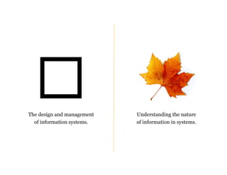 The design and management 
of information systems. 
Understanding the nature 
of information in systems. 
 