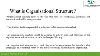What is Organisational Structure?
Organisational structure refers to the way that roles are coordinated, controlled and
communicated within an organisation.
The structure is often represented in a diagram called an organisation chart.
An organisation's structure should be designed to deliver goals and objectives of the
organisation as well as use resources in the best possible way.
An organizational structure is a visual diagram of an organisation that describes what
employees do, whom they report to, and how decisions are made across the organisation.
Copyright © 2021 Talent & Skills HuB
 