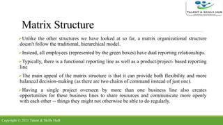 Matrix Structure
Unlike the other structures we have looked at so far, a matrix organizational structure
doesn't follow the traditional, hierarchical model.
Instead, all employees (represented by the green boxes) have dual reporting relationships.
Typically, there is a functional reporting line as well as a product/project- based reporting
line
The main appeal of the matrix structure is that it can provide both flexibility and more
balanced decision-making (as there are two chains of command instead of just one).
Having a single project overseen by more than one business line also creates
opportunities for these business lines to share resources and communicate more openly
with each other -- things they might not otherwise be able to do regularly.
Copyright © 2021 Talent & Skills HuB
 